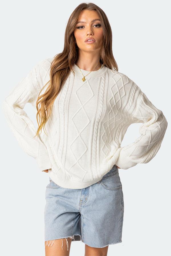 edikted Jessy Cable Knit Oversized Sweater cream