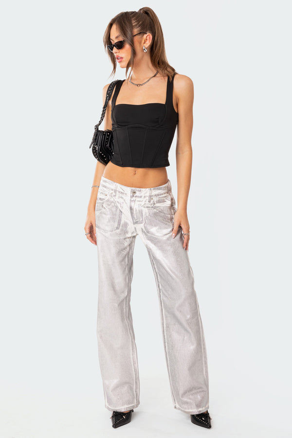 edikted Jolene Metallic Low Rise Jeans silver