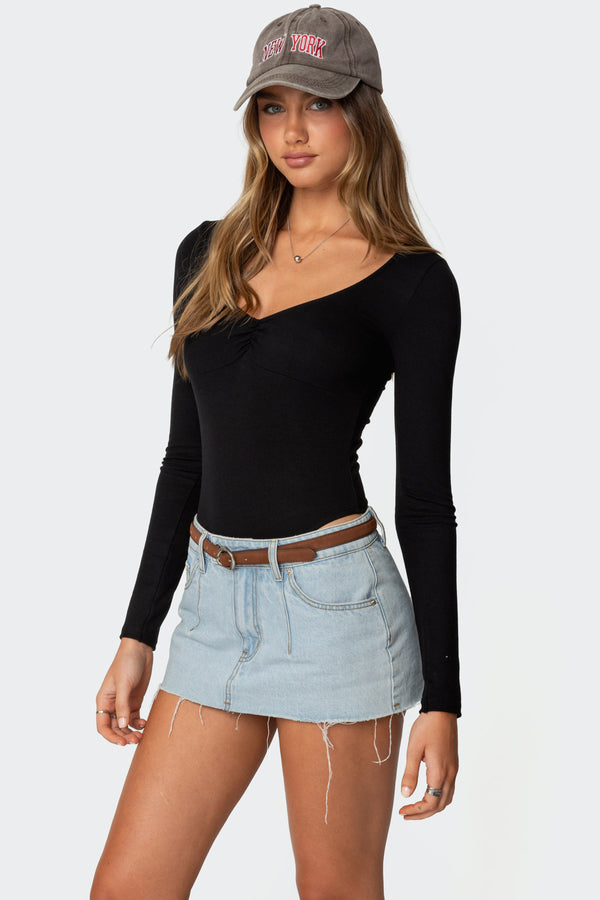 Edikted Jonah Long Sleeve V Neck Bodysuit Black