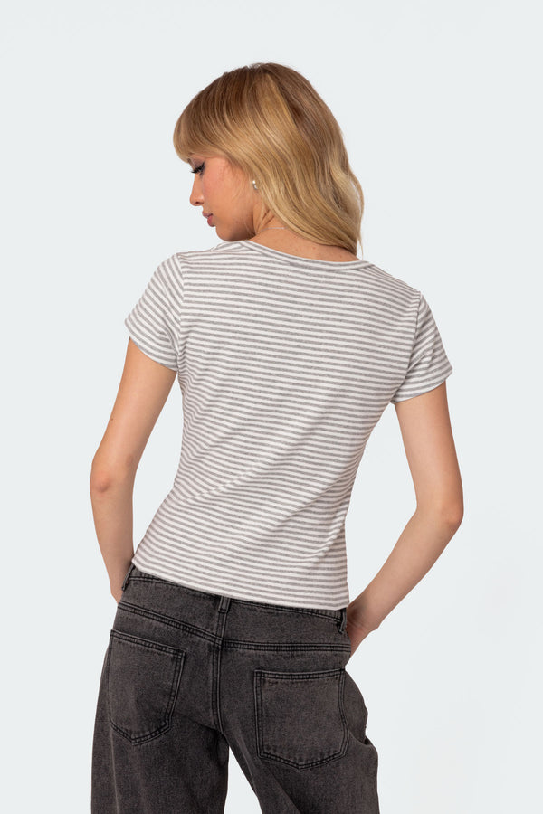 Edikted Kady Striped Henley T Shirt Gray Melange