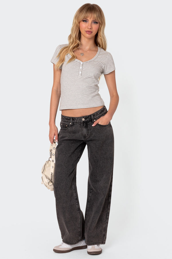 Edikted Kady Striped Henley T Shirt Gray Melange