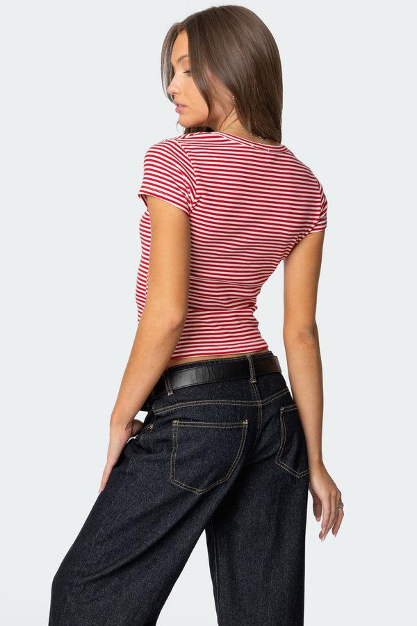 Edikted Kady Striped Henley T Shirt Red