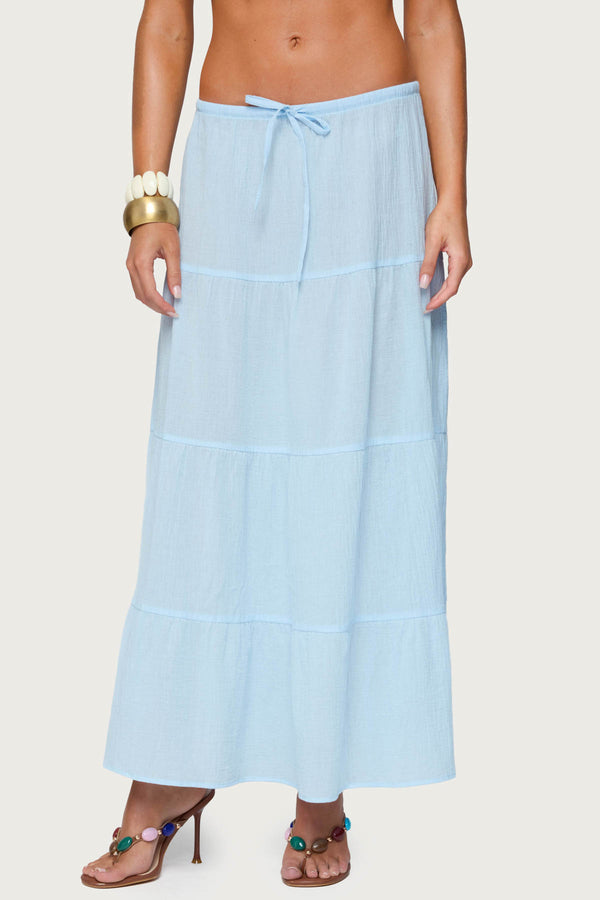 Edikted Kaila Cotton Tiered Maxi Skirt Light Blue