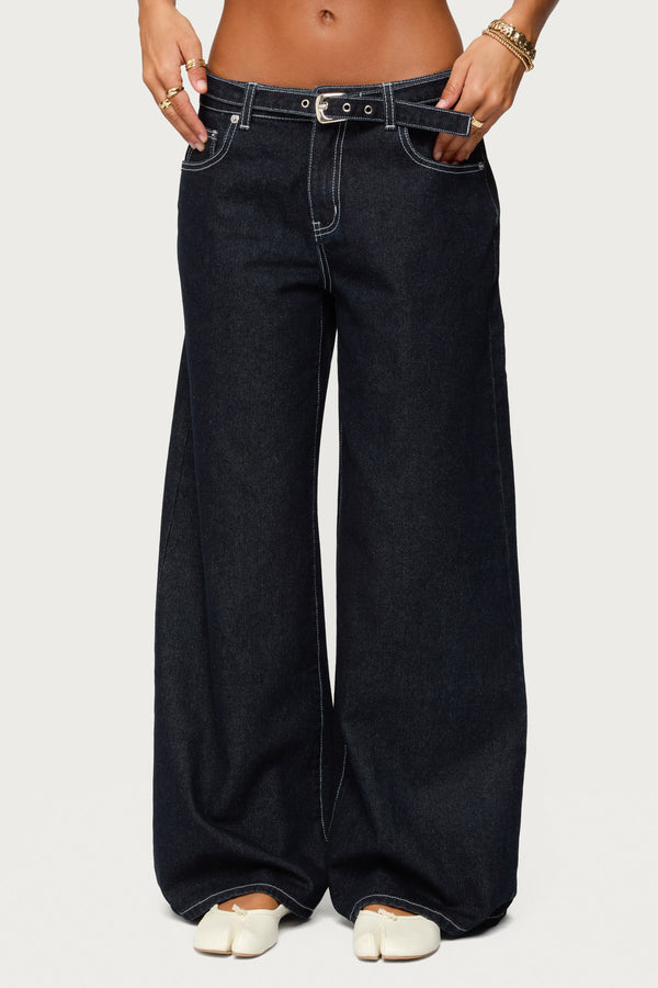 Edikted Karah Belt Low Rise Jeans Dark Blue
