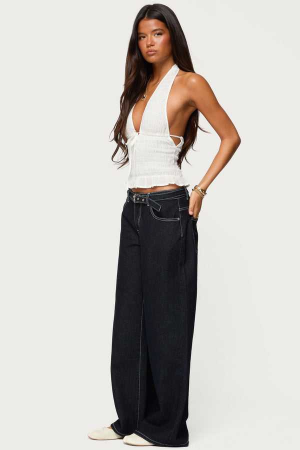 Edikted Karah Belt Low Rise Jeans Dark Blue