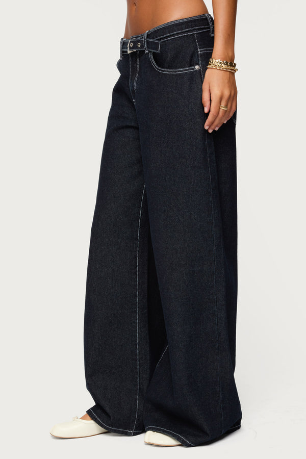Edikted Karah Belt Low Rise Jeans Dark Blue