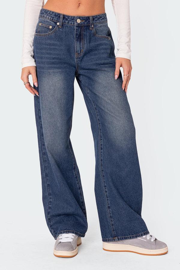 Edikted Karie Relaxed Mid Rise Jeans Dark Blue