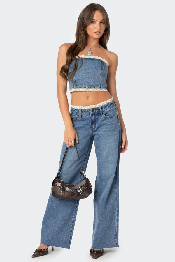 Edikted Karlie Lace Trim Denim Tube Top Blue