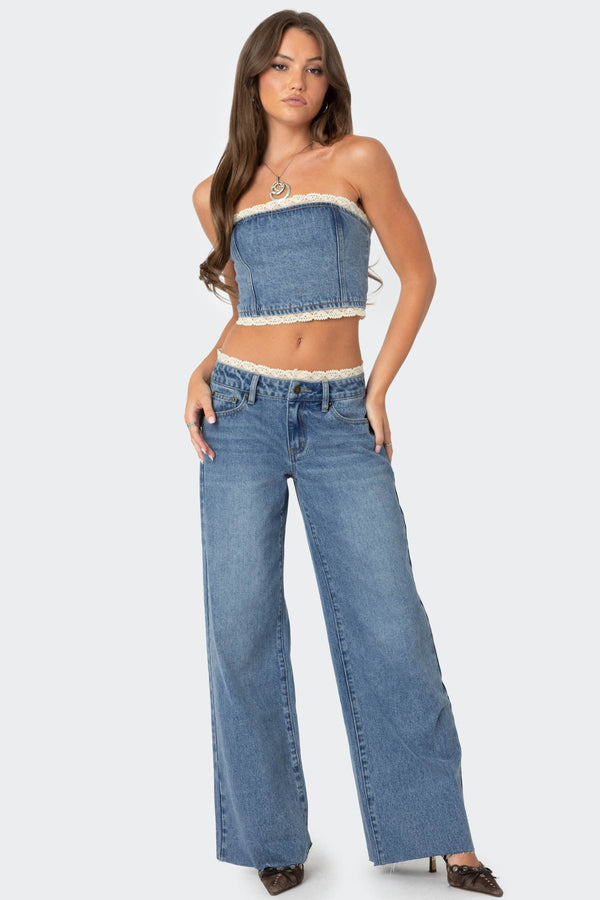 Edikted Karlie Lace Trim Denim Tube Top Blue