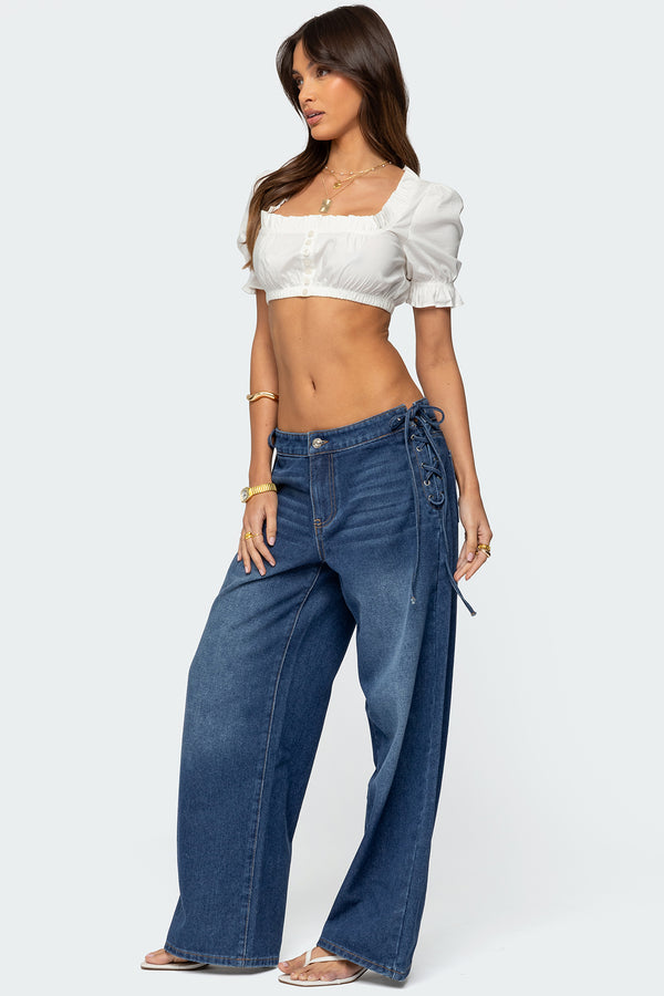 Edikted Katt Lace Up Baggy Jeans Blue