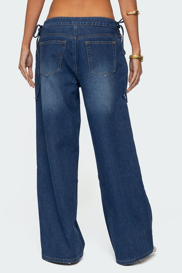 Edikted Katt Lace Up Baggy Jeans Blue