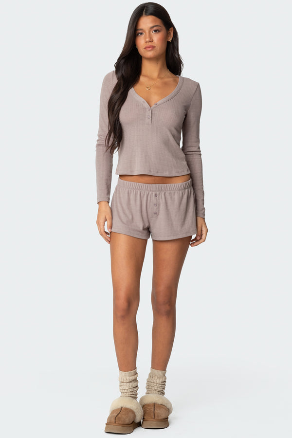 Edikted Keely Pointelle Henley Top Brown