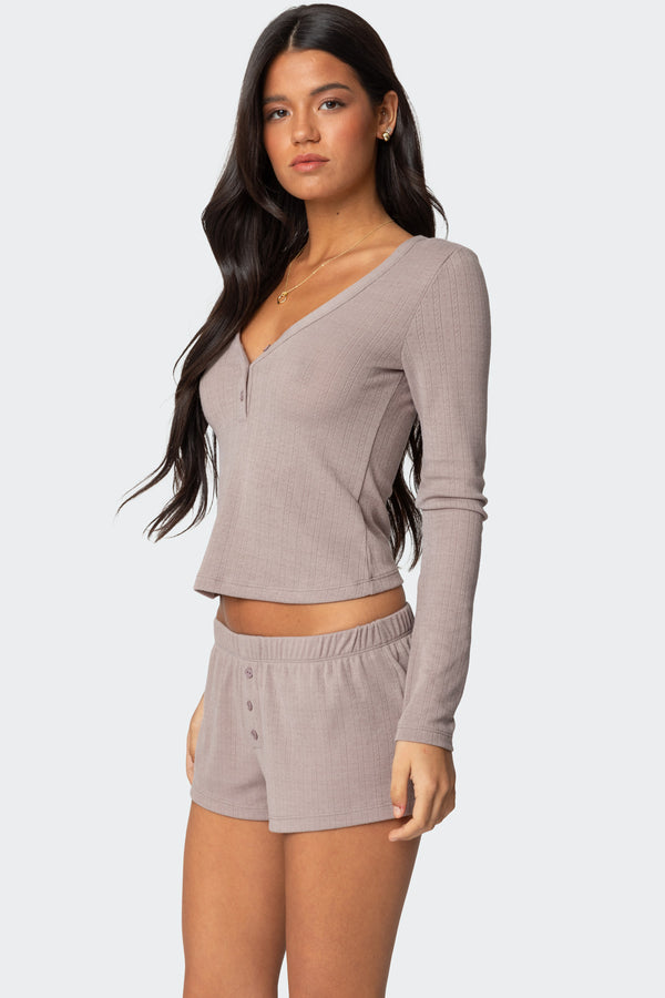 Edikted Keely Pointelle Henley Top Brown