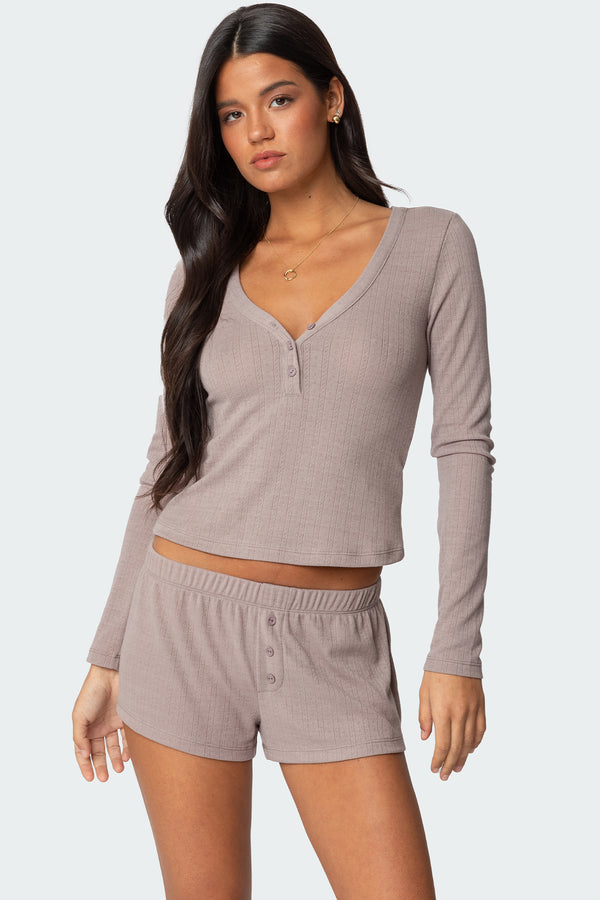 edikted Keely Pointelle Henley Top brown