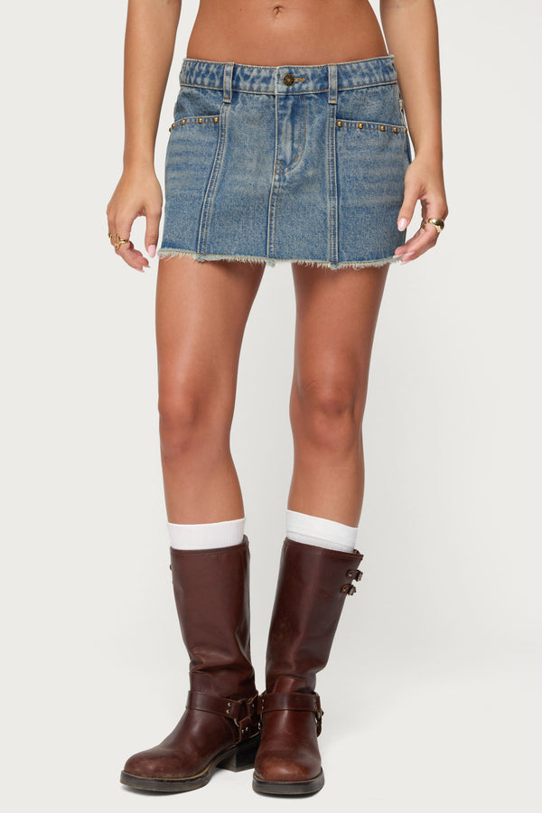 Edikted Keiko Studded Denim Mini Skirt Blue