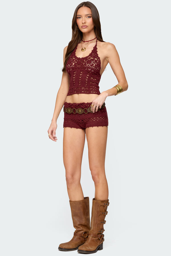 Edikted Kelani Crochet Shorts Burgundy