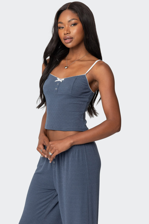 Edikted Kleo Pointelle Henley Tank Top Navy