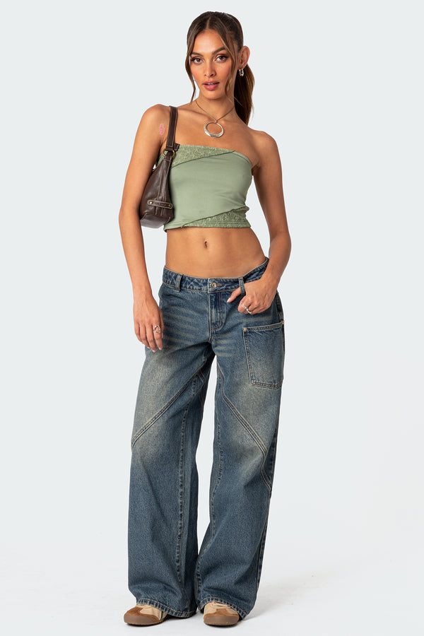 Edikted Lace Patchwork Tube Top Green