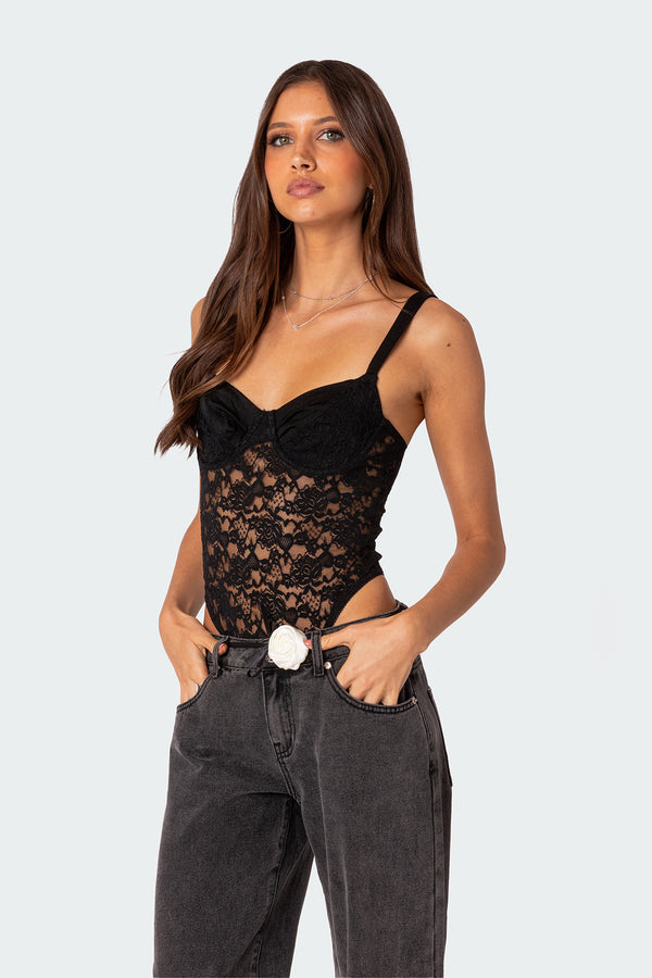 Edikted Lace & Satin Effect Cupped Bodysuit Black