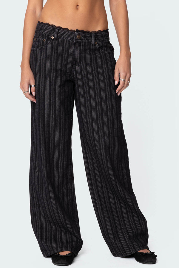 Edikted Lace Trim Striped Low Rise Jeans Black
