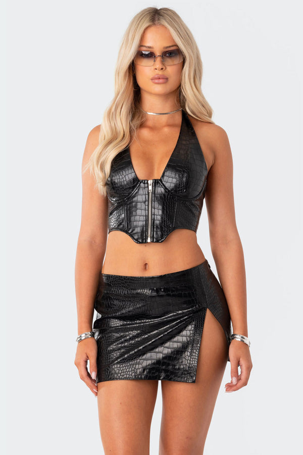 edikted Lana Faux Croc Leather Corset black