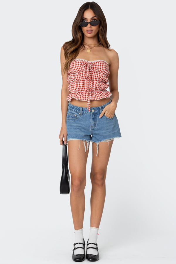 Edikted Lanna Gingham Elastic Scrunch Top Red