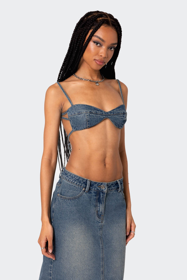 Edikted Lassy Washed Denim Bralette Blue Washed