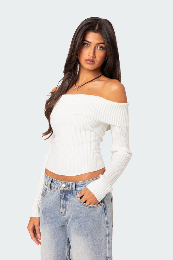 Edikted Lauren Knit Fold Over Top White