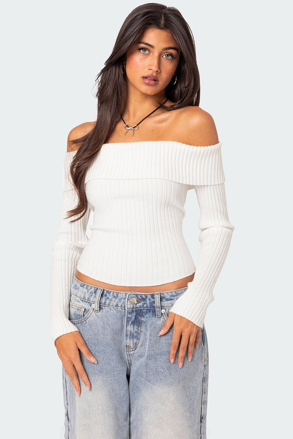 edikted Lauren Knit Fold Over Top white