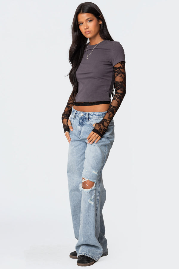 Edikted Layered Lace Sleeve T Shirt Gray