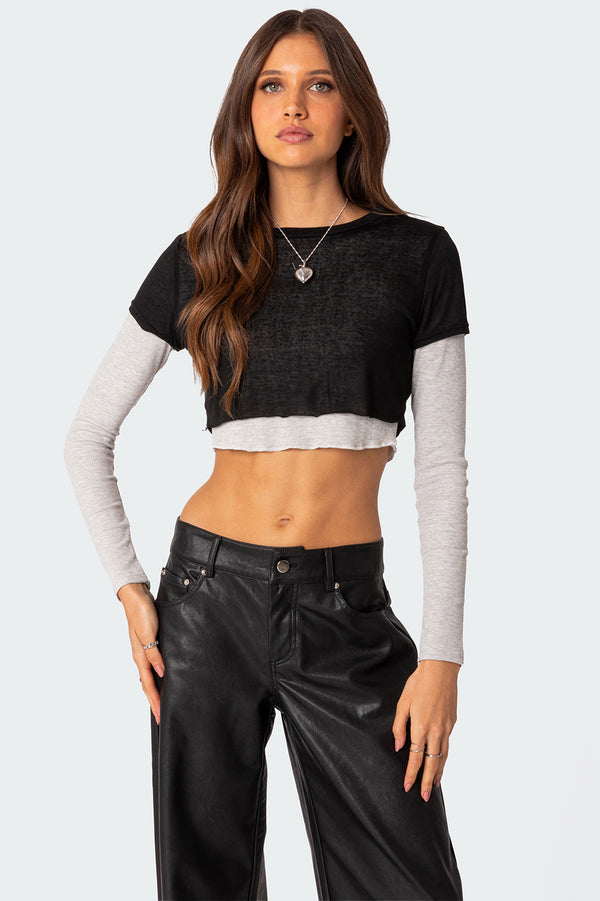 edikted Layered Long Sleeve T Shirt black and gray