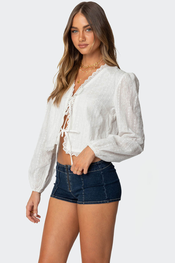 Edikted Lesley Cotton Lace Tie Front Top White