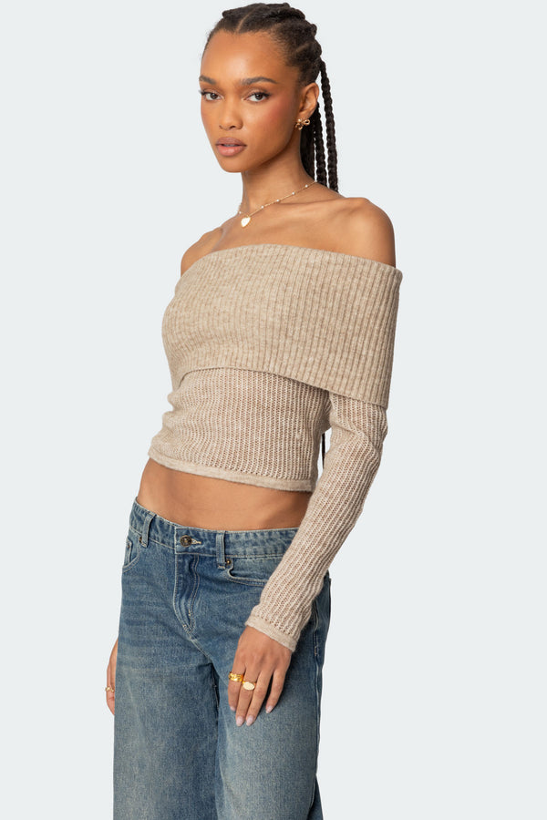 Edikted Lili Fold Over Knit Top Beige