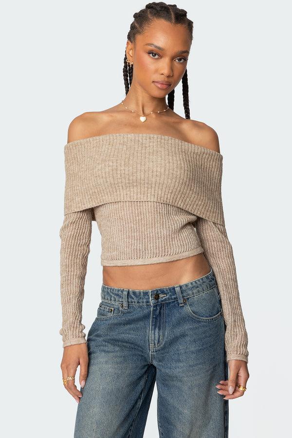 edikted Lili Fold Over Knit Top beige