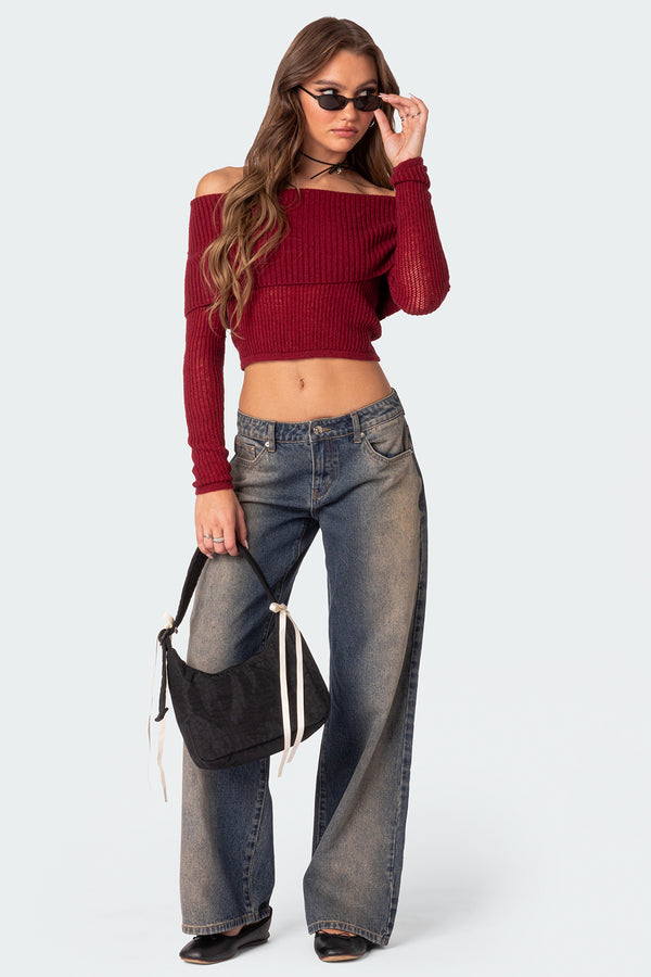 Edikted Lili Fold Over Knit Top Red