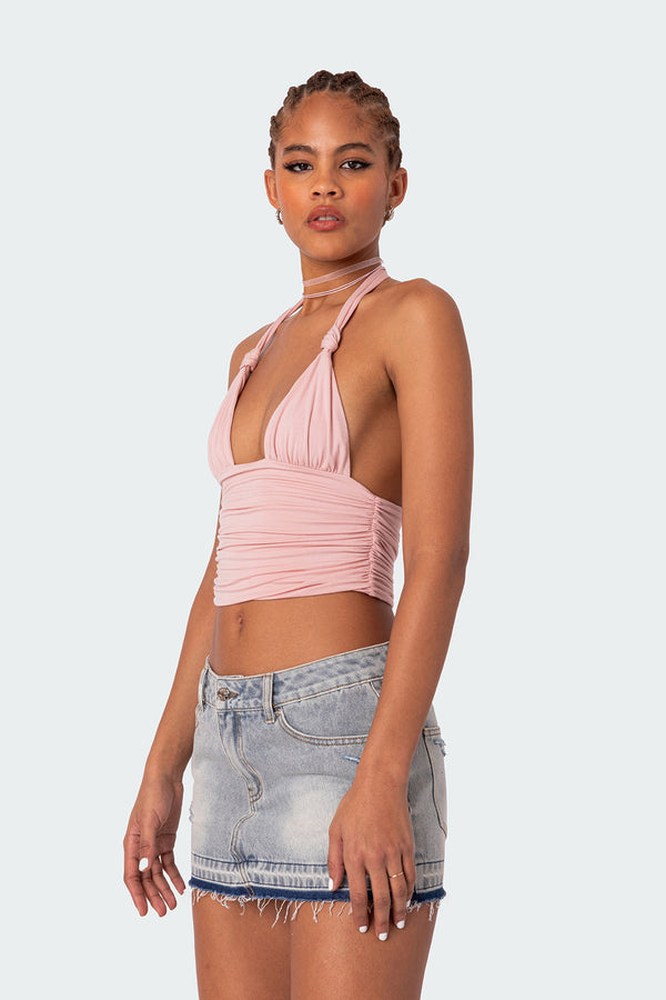 Edikted Lillie Knotted Halter Top Pink