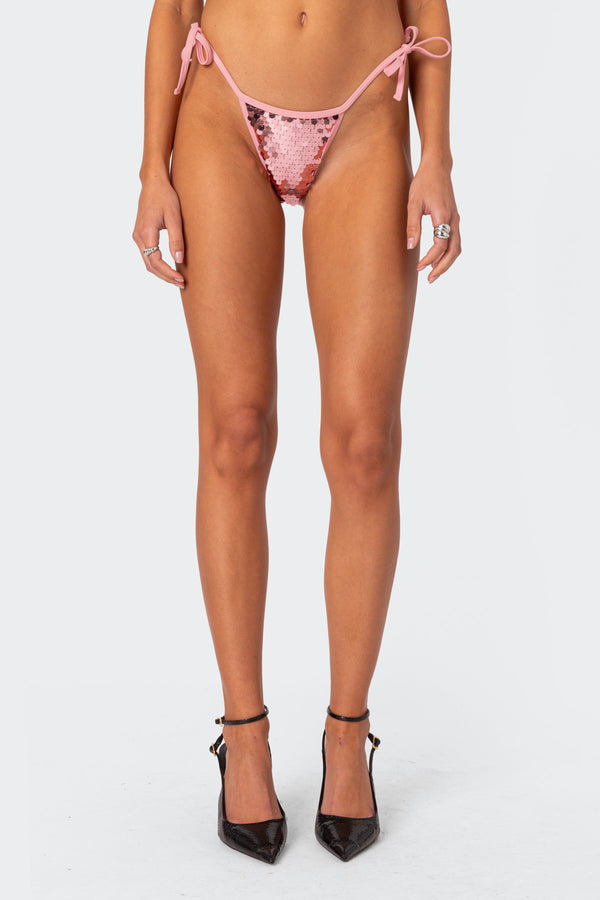 Edikted Lilly Sequin String Bikini Bottom Pink
