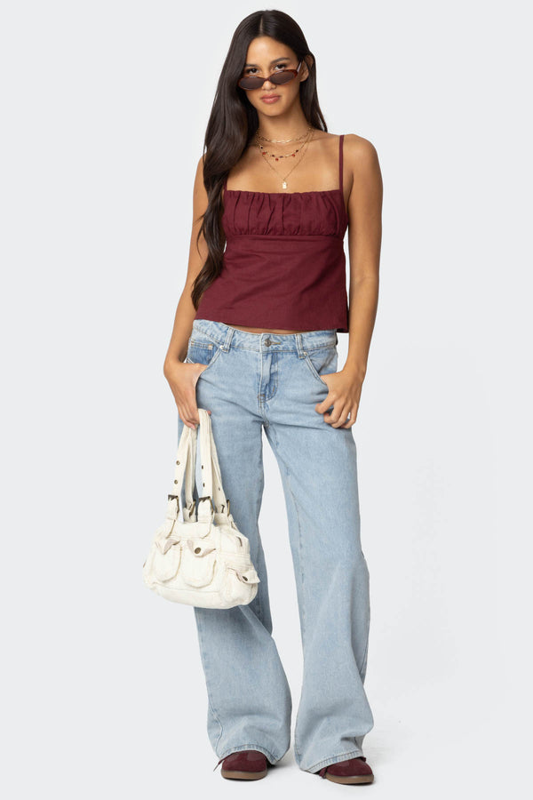 Edikted Linen Look Open Back Top Burgundy