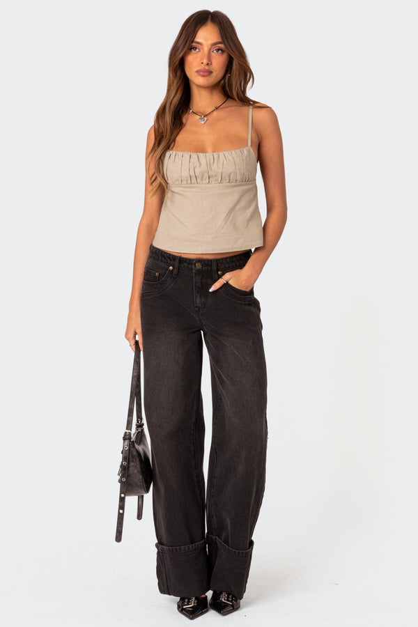 Edikted Linen Look Open Back Top Olive