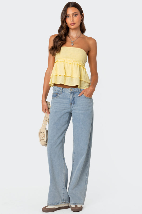 Edikted Linen Look Strapless Peplum Top Yellow