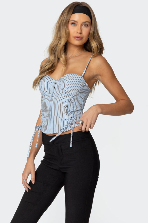 Edikted Lois Lace Up Pinstripe Corset Light Blue