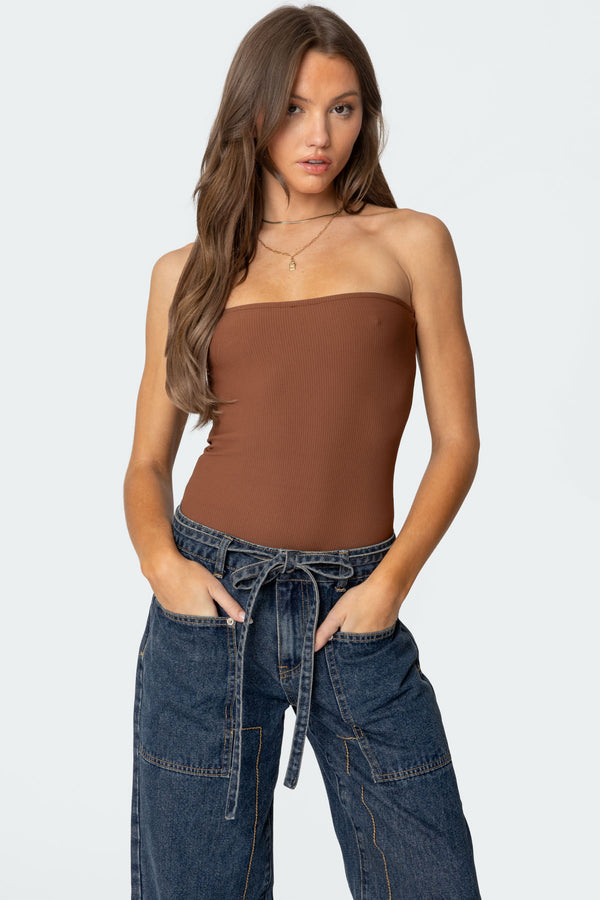 Edikted Loren Strapless Ribbed Bodysuit Brown