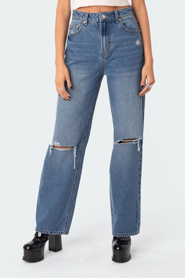 Edikted Lori High-Rise Wide Leg Jeans Dark Blue
