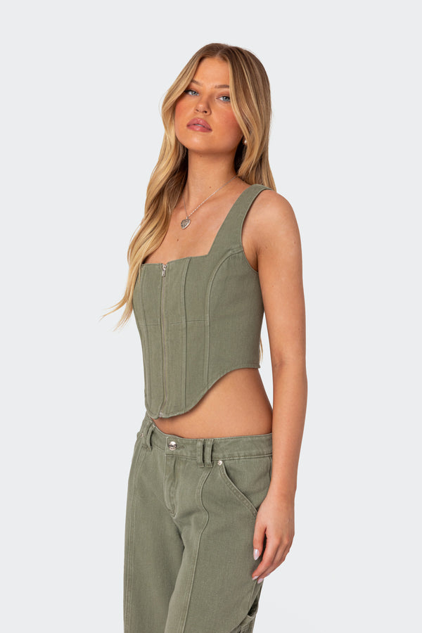 Edikted Lottie Washed Denim Zip Corset Olive