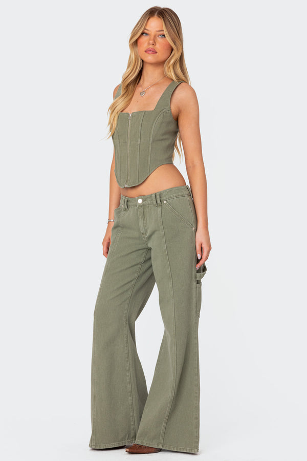 Edikted Lottie Washed Denim Zip Corset Olive