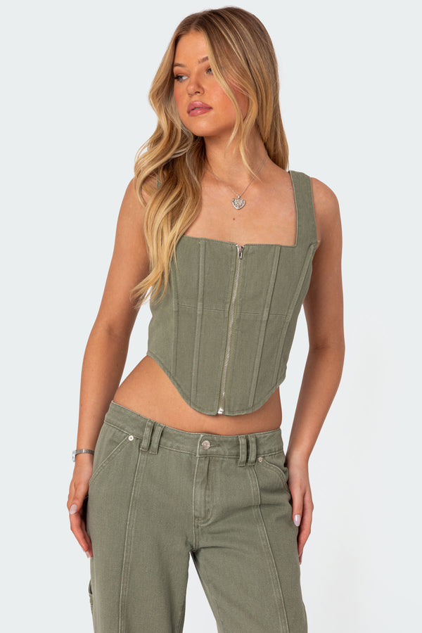 edikted Lottie Washed Denim Zip Corset olive