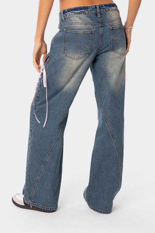 Edikted Low Rise Ribbon Lace Up Jeans Blue