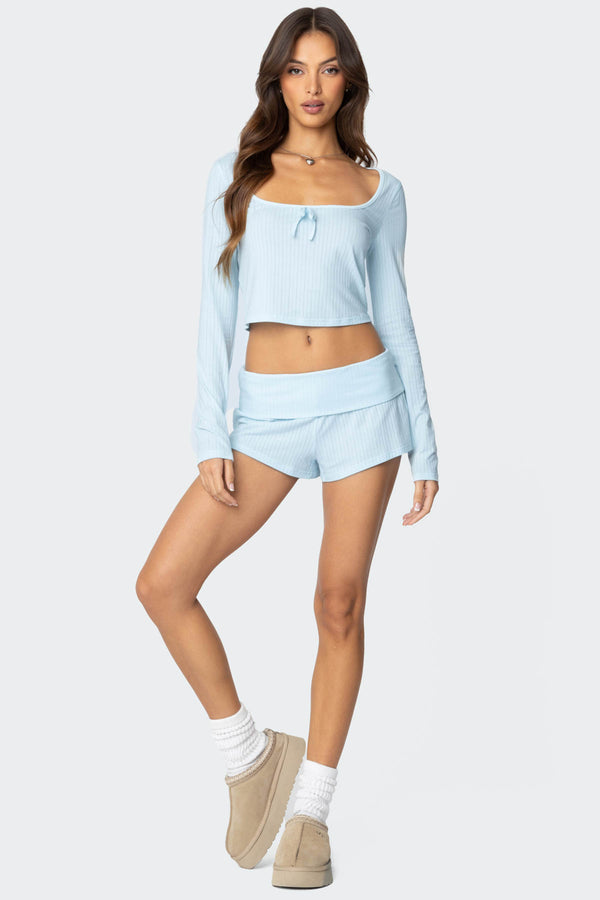 edikted Lucilla Fold Over Ribbed Shorts light blue