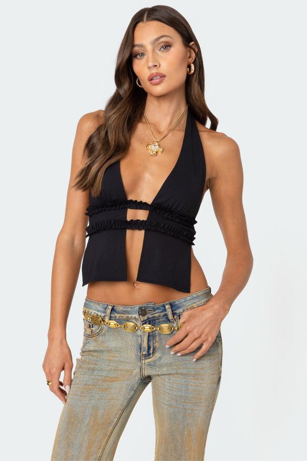 edikted Luma Split Front Backless Halter Top black