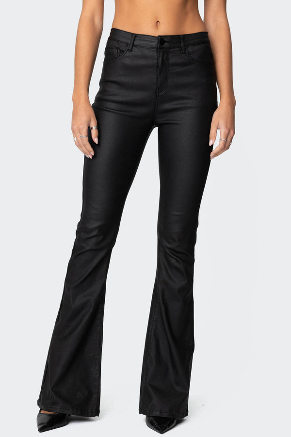 Edikted Luna Faux Leather Flare Jeans Black